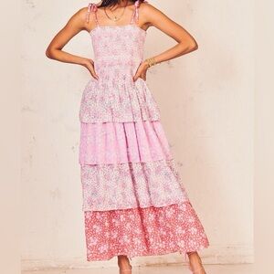 LoveShackFancy Smocked Floral Tiered Maxi Dress with Tie Straps - M